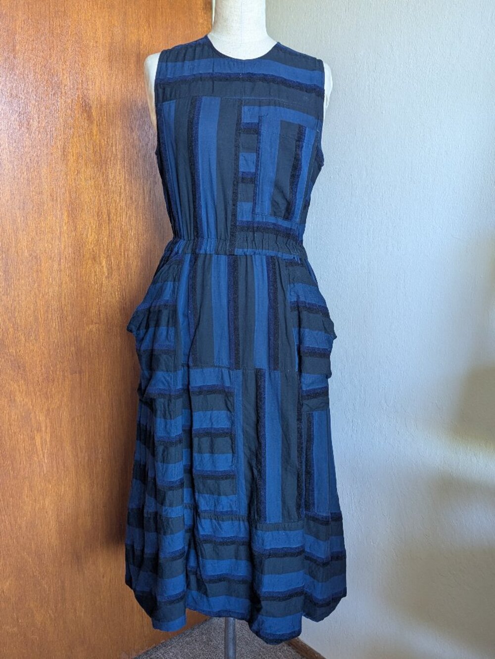Rachel Comey Midi Dress Blue Patchwork Cotton Abstract Sleeveless Size 4